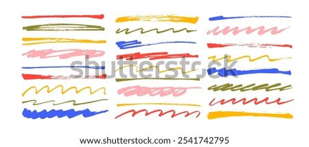 Collection of colorful brush drawn underlines and strikethrough strokes. Hand drawn set of various scribble lines and wavy brush strokes. Squiggle horizontal underlines or dividers. Doodle stripes.