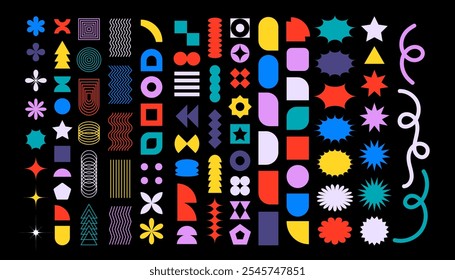 Collection of colorful brutal contemporary elements spiral flower star oval circle and other shapes. Abstract minimal geometric elements shapes and grids set. Brutalist design.