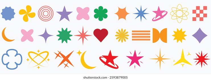 Collection of colorful brutal contemporary elements spiral flower star oval circle and other shapes. Abstract minimal geometric elements shapes and grids set. Brutalist design. Vector illustration