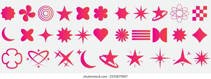 Collection of colorful brutal contemporary elements spiral flower star oval circle and other shapes. Abstract minimal geometric elements shapes and grids set. Brutalist design. Vector illustration