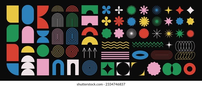 Collection of colorful brutal contemporary figure spiral flower star oval circle and other elements. Abstract minimal geometric elements shapes and grids set. Brutalist design. Vector illustration