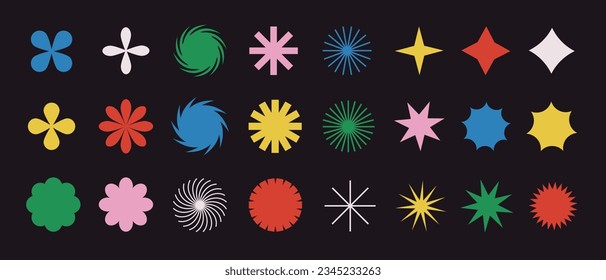 Collection of colorful brutal contemporary figure spiral flower star and other elements. Abstract minimal geometric elements shapes and grids set. Brutalist design. Vector illustration