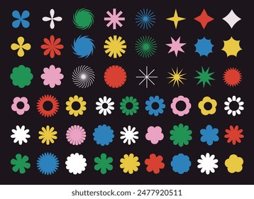 Collection of colorful brutal contemporary figure spiral flower star and other elements. Abstract minimal geometric elements shapes and grids set. Brutalist design. Vector illustration