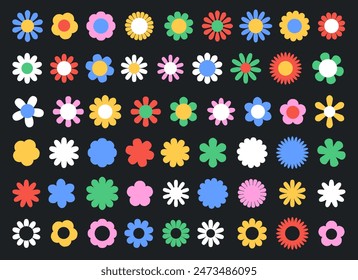 Collection of colorful brutal contemporary floral elements. Geometric flower set. Abstract minimal daisy elements. Brutalist design. Vector illustration