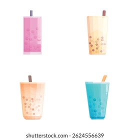 Collection of colorful bubble tea illustrations in a modern flat design style