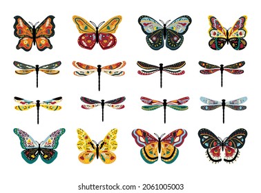 Collection of colorful butterflies and dragonflies with floral ornaments.