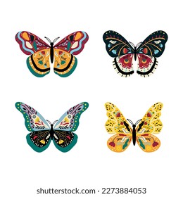 Collection of colorful butterflies with floral ornaments.