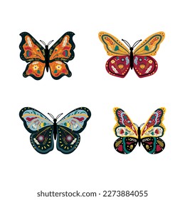 Collection of colorful butterflies with floral ornaments.