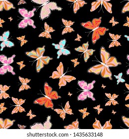 Collection of colorful butterflies, flying in different directions. Vector illustration. Abstract seamless pattern for girls, boys, clothes, wallpaper.