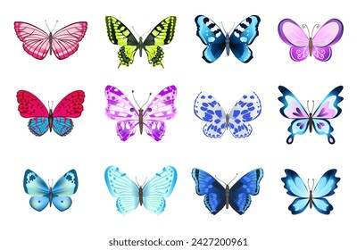 Collection of colorful butterflies. Set of butterfly in cartoon style on white background. Vector