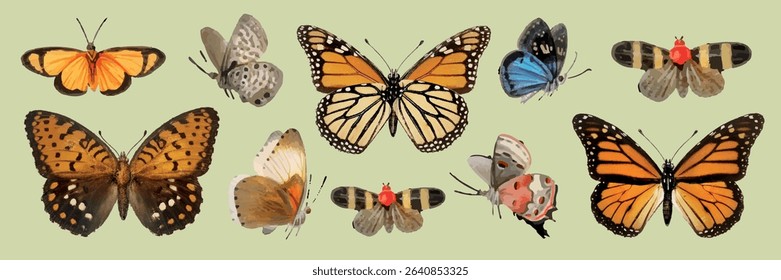 A collection of colorful butterflies with various patterns and colors. Butterflies in orange, blue, and brown. Diverse butterfly wings on display. Isolated animal vector set.