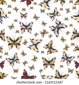 Collection of colorful butterfly on white, brown and yellow background. Suitable for paper, fabric, packaging. Seamless. Vector illustration. Simple feminine pattern for card, print, invitation.