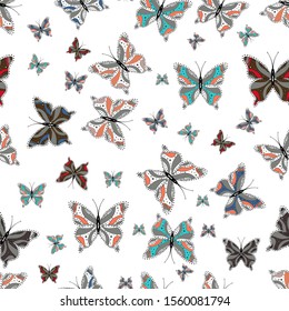 Collection of colorful butterfly on white, black and gray background. Simple feminine pattern for card, print, invitation. Vector illustration. Seamless. Suitable for paper, fabric, packaging.