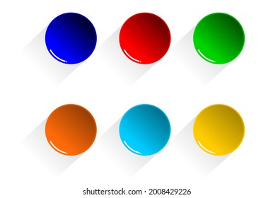 Collection of colorful button for website such as blue, red, green, orange, light blue, and yellow color with glossy and shiny on white background. The blank circle shape logo vector 3d illustration.