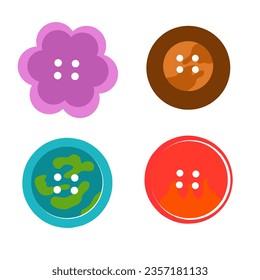 Collection of colorful buttons of different shapes: pink flower, earth, red fire, brown wood on a white background