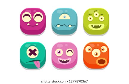 Collection of colorful buttons emoticons with different emotions, emoji monsters vector Illustration