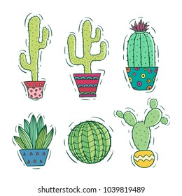 collection of colorful cactus with pot using doodle style