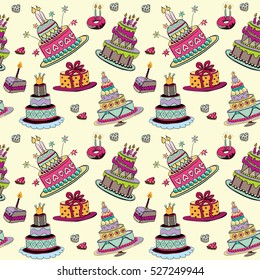 Collection of colorful cakes. Vector illustration on yellow background