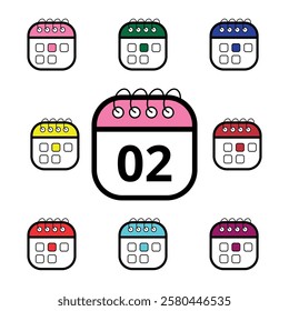 Collection of colorful calendar icons for websites and graphic resources, Calendar icon with specific day marked, day 02.