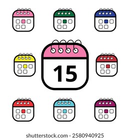 Collection of colorful calendar icons for websites and graphic resources, Calendar icon with specific day marked, day 15.