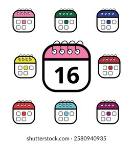 Collection of colorful calendar icons for websites and graphic resources, Calendar icon with specific day marked, day 16.