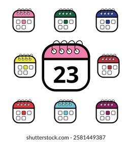Collection of colorful calendar icons for websites and graphic resources, Calendar icon with specific day marked, day 23.