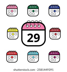 Collection of colorful calendar icons for websites and graphic resources, Calendar icon with specific day marked, day 29.