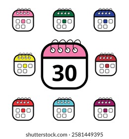 Collection of colorful calendar icons for websites and graphic resources, Calendar icon with specific day marked, day 30.