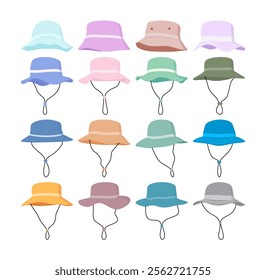 A collection of colorful camping and outdoor hat illustrations with various designs and straps. Perfect for outdoor-themed designs, branding, or digital projects related to nature and adventure.