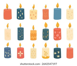 Collection of colorful candles with various patterns and burning flames.