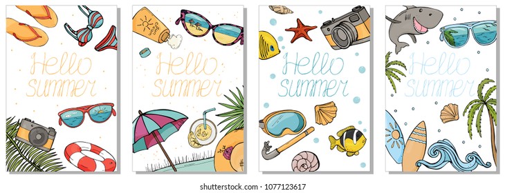 Collection of colorful cards on the summer theme. Vector illustration in sketch style. Beach accessories, items for scuba diving and surfing.