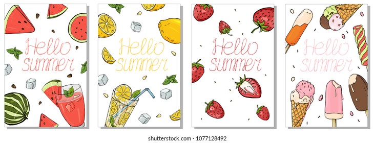 Collection of colorful cards on the summer theme. Vector illustration in sketch style. Refreshing drinks, fruit and ice cream.