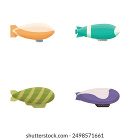 Collection of colorful cartoon airships. Including blimps. Zeppelins. And dirigibles. In a whimsical and playful vector illustration set with a variety of flat design. Isolated icons