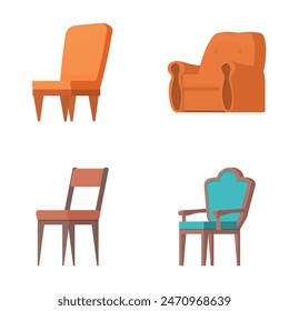 Collection of colorful cartoon chairs in different designs, isolated on white background