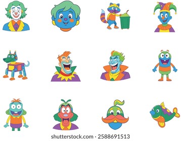 Collection of Colorful Cartoon Characters Featuring a Clown Jester Robot Dog and More
