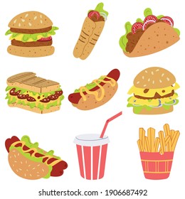 Collection of colorful cartoon fast food icons. Food and drink concept. Cartoon character flat vector illustration.