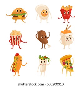 Colección de coloridos personajes de la comida rápida: hot dog, palomitas, hamburguesa de queso, shawarma, huevo revuelto, pollo, papas fritas, pizza. Ilustración vectorial de diferentes emociones aisladas en blanco