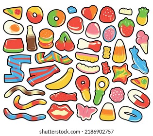 Collection of colorful cartoon gummy and jelly candies. Isolated hand drawn vector illustrations.
