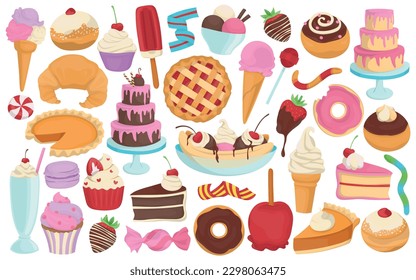 Collection of colorful cartoon illustrations of various desserts and treats. Isolated hand drawn vectors.