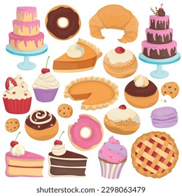 Collection of colorful cartoon illustrations of various desserts and treats. Isolated hand drawn vectors.