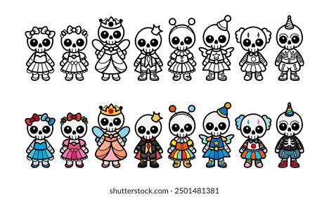 Collection of colorful cartoon skeletons in festival costumes, cartoon characters for halloween themed parties, vector illustration.