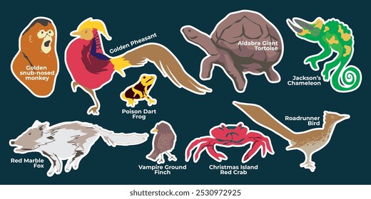 A collection of colorful, cartoon-style animals, including a golden snub-nosed monkey, a poison dart frog, and a Christmas Island red crab and other exotic animals.