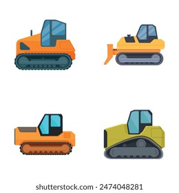 Collection of colorful cartoonstyle bulldozers on a white background