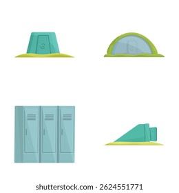 Collection of colorful, cartoonstyle camping tents and metal school lockers on white background