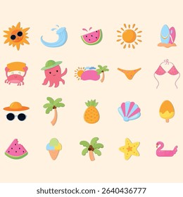Collection of colorful, cartoon-style icons representing summer-themed objects and activities.  The icons feature various fruits, animals, and beach-related items.  