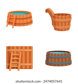 Collection of colorful cartoonstyle illustrations featuring wooden sauna essentials