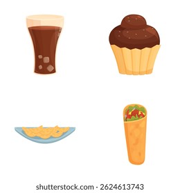 Coleção de ilustrações coloridas, em estilo cartoon, com uma variedade de lanches e uma bebida