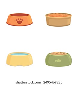 Collection of colorful, cartoonstyle pet bowls for food and water