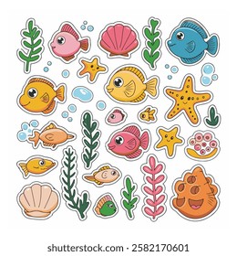 A collection of colorful, cartoon-style stickers depicting various marine creatures and elements.