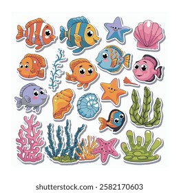 A collection of colorful, cartoon-style stickers depicting various marine creatures and elements.